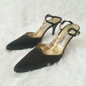 Brown Pointed Slingback Heels with Gold Chain T-Strap